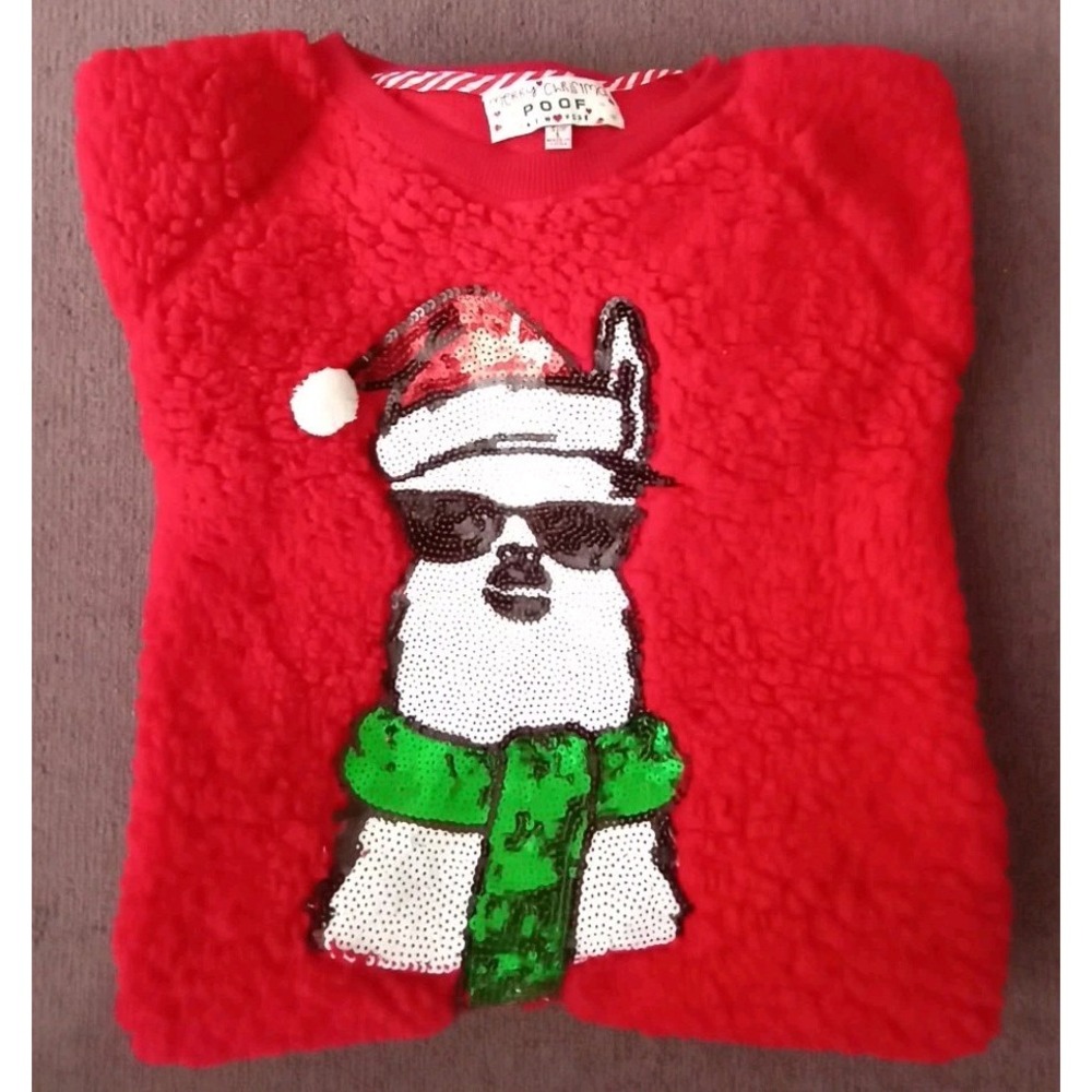 Poof New York Merry Christmas Sequin Llama Sherpa Shirt Women's Large Red‎ Fuzzy